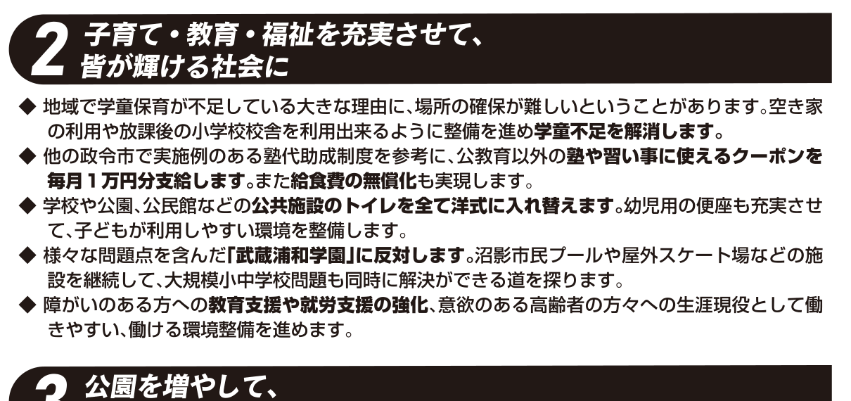 選挙公報記載の武蔵浦和学園反対とプール継続